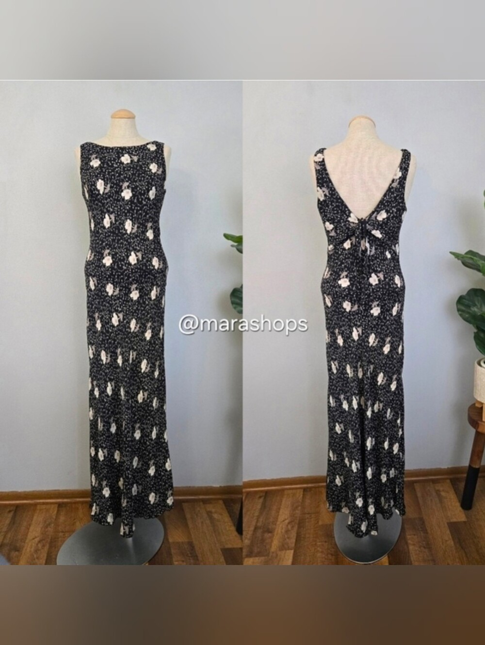 Vintage 90's Y2K Harlow Floral Print Black Maxi Slip On Dress